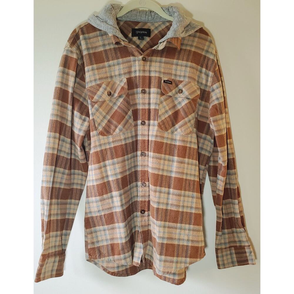 Brixton Mens L Brown Rust Plaid Bowery Hooded Long Sleeve Button Down Shirt